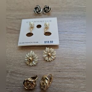 4 pr Vintage Clip On Earring Bundle Inc Charter Club Gold and Pearl Earrings Set